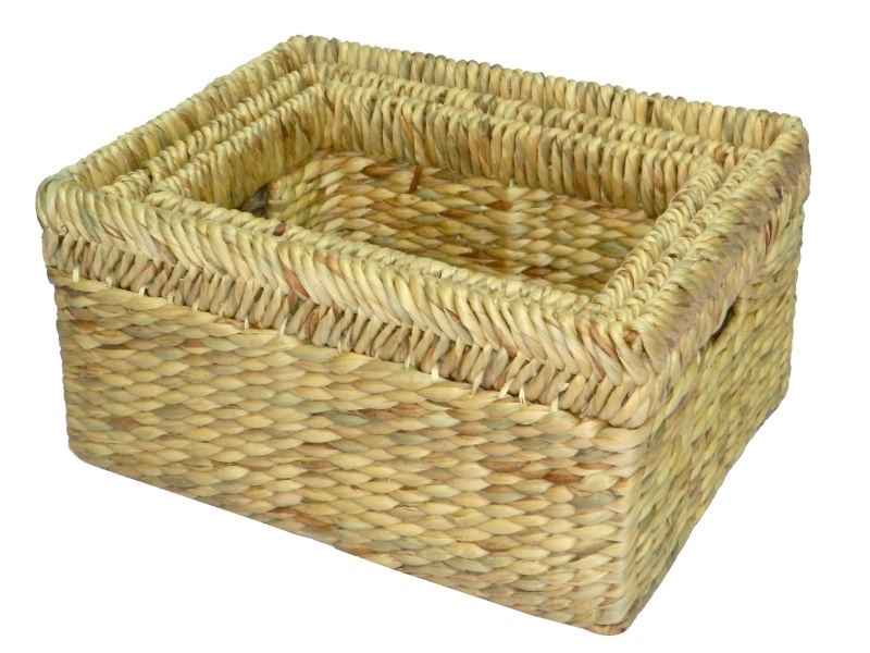 Bespoke Rectangular Water Hyacinth Baskets with Braided Rim - Set of 3